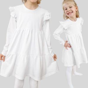 biała sukienka długi rękaw z falbankami rozkloszowana dla dziewczynki bawełniana przebranie strój aniołka śnieżynki do przedszkola i żłobka biała śnieżna biel elegancka sukienka dziewczęca polska CiuchCiuch