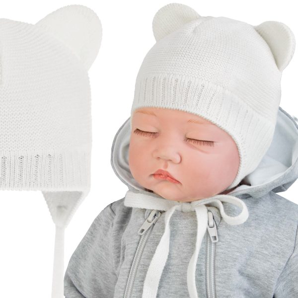 biała czapka czapeczka niemowlęca z uszami wiązana pod szyją zakrywa uszy do Chrztu Chrzest święty dla niemowlaka noworodka wyprawka unisex dla chłopca i dziewczynki całoroczna wiosna jesień na podszewce bawełnianej polska CiuchCiuch