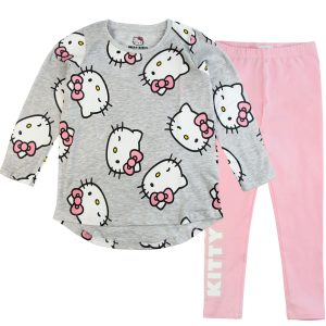 Piżama bawełniana Hello Kitty dla dziewczynki. Pomysł na prezent dziewczęca piżamka szara różowa kotki