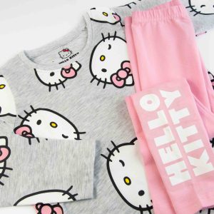 Piżama bawełniana Hello Kitty dla dziewczynki. Pomysł na prezent dziewczęca piżamka szara różowa kotki