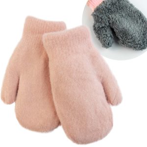 różowe gładkie grube rękawiczki ocieplane futerkiem dziecięce dla chłopca i dziewczynki bardzo ciepłe na zimę grube puchate