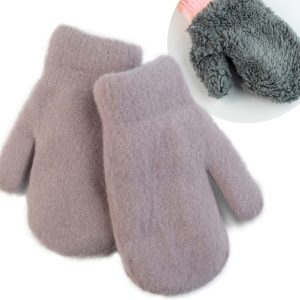 wrzosowe fioletowe gładkie grube rękawiczki ocieplane futerkiem dziecięce dla chłopca i dziewczynki bardzo ciepłe na zimę grube puchate