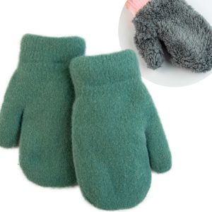 zielone gładkie grube rękawiczki ocieplane futerkiem dziecięce dla chłopca i dziewczynki bardzo ciepłe na zimę grube puchate