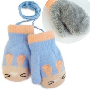 błękitne rękawiczki dziecięce na sznurku króliczek dla dziewczynki z beżowymi dodatkami bardzo ciepłe ocieplane futerkiem grube zimowe na zimę