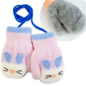różowe rękawiczki dziecięce na sznurku króliczek dla dziewczynki z beżowymi dodatkami bardzo ciepłe ocieplane futerkiem grube zimowe na zimę