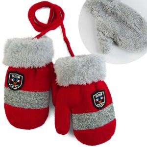 czerwone rękawiczki dziecięce podszyte futerkiem z wywijanym mankietem bardzo ciepłe i przytulne dla chłopca na zimę zimowe na sznurku