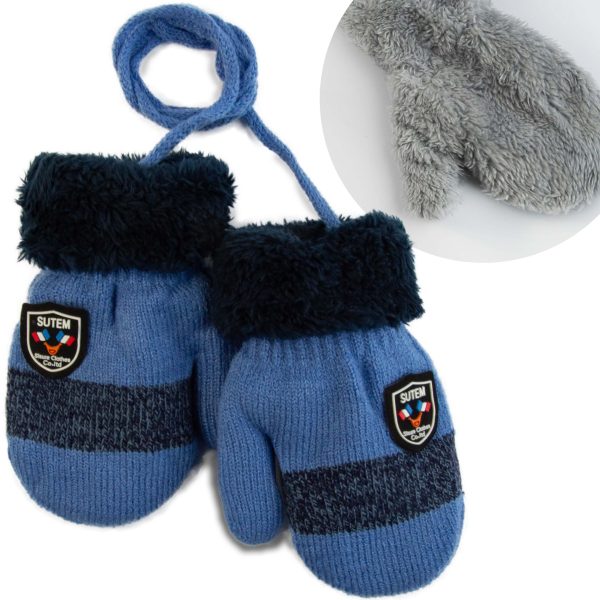 niebieskie rękawiczki dziecięce podszyte futerkiem z wywijanym mankietem bardzo ciepłe i przytulne dla chłopca na zimę zimowe na sznurku
