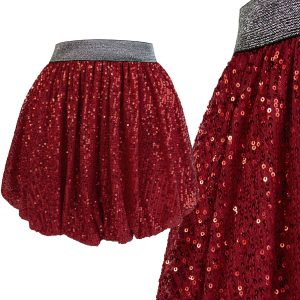 mieniąca spódniczka z cekinami czerwona bombka świąteczna błyszcząca na szerokim srebrnym pasie lekka efektowna z efektem wow dla dziewczynki