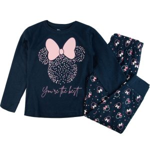 granatowa piżama bawełniana dla dziewczynki z pięknymi rysunkami z bajki Myszka Minnie, żywe nasycone kolory; długie spodnie i bluzka długi rękaw