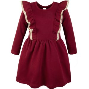 bordowa sukienka bawełniana z koronką bawełnianą długi rękaw świąteczna dla dziewczynki wygodna miękka bordowa czerwona na święta polska jakość premium