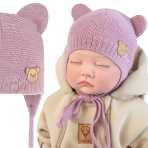 czapka dla noworodka niemowlaka wiązana z uszami zakrywa uszy bawełniana z podszewką na spacer do wózka na wyjście ze szpitala wyprawka dziewczynki lila fiolet CiuchCiuch