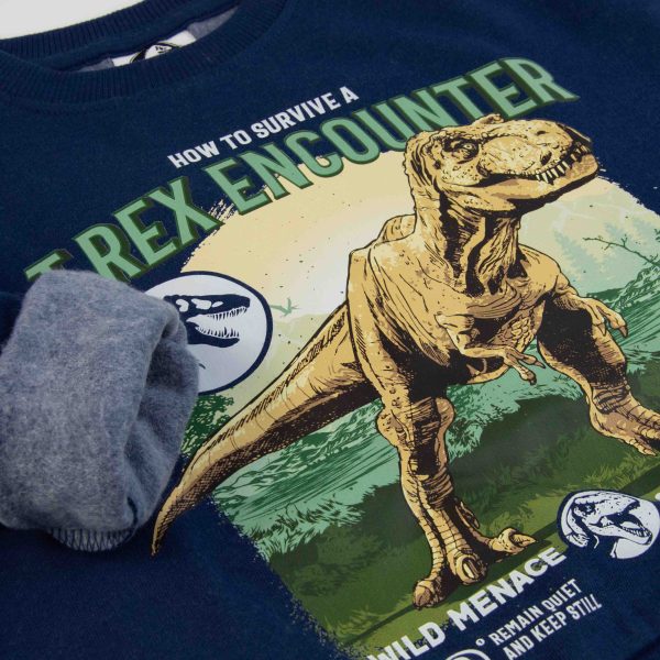 Bluza T. REX Granatowa; wykonana w bawełny; zakładana przez głowę ze starannie wykonanym nadrukiem nawiązującym do Jurassic World. dla chłopca dla chłopaka pomysł na prezent