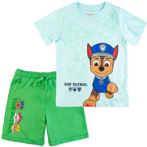 KOMPLET szorty + koszulka Psi Patrol niebieski zielony dla chłopca chłopięcy na lato letni