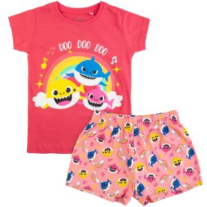 koralowa piżama bawełniana lekka krótki rękaw na lato baby shark cienka letnia dla dziewczynki z bajki