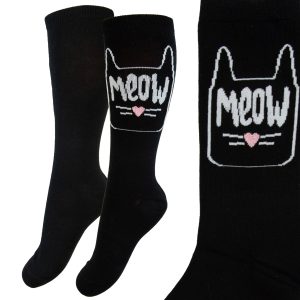 czarne podkolanówki dziewczęce kocie z napisem meow bawełniane długie skarpetki w czarne kotki aura via bardzo modne prezent dla dziewczynki CiuchCiuch