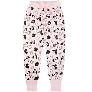 damskie spodnie od piżamy bawełniane długie do spania lekkie na gumce jasnorózowe w czarne myszki Mickey oryginalne na licencji Disney CiuchCiuch