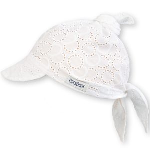 biała chusta haftowana bawełniana niemowlęca chustka na głowę z daszkiem letnia na słońce dla niemowlaka i dziecka polski produkt bezpieczna bawełna CiuchCiuch