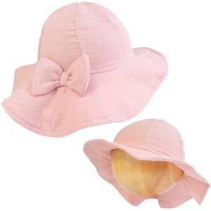 kapelusz muślinowy z kokardą różowy letnia czapka niemowlęca dziewczęca na słońce z szerokim rondem lekki przewiewny letni naturalny bawełniany miękki dla dziewczynki CiuchCiuch