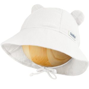 kapelusz muślinowy z uszkami biały bucket wiązany letnia czapka niemowlęca unisex na słońce z szerokim rondem lekki przewiewny letni naturalny bawełniany miękki dla dziewczynki dla chłopca CiuchCiuch