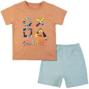 komplet letni dla chłopca bawełniany brązowa koszulka 3d GAME krótki rękaw i lodowe prążkowane krótkie spodenki z napisem