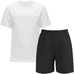 strój na wf w-f dla chłopca biała koszulka krótki rękaw i czarne krótkie spodenki bawełniane szorty komplet dziecięcy na zajęcia sportowe z bawełny wysokiej jakości i trwały CiuchCiuch