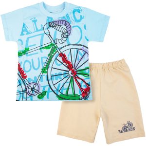 komplet letni dla chłopca bawełniany błękitna koszulka krótki rękaw w rowery i beżowe krótkie spodenki z napisem