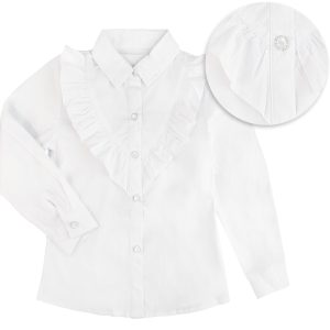 biała bluzka koszula dziewczęca galowa elegancka wizytowa długi rękaw z kołnierzykiem z falbankami i koronką dla dziewczynki do szkoły na apel bawełniana