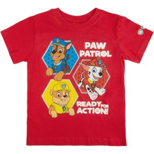 czerwona koszulka krótki rękaw t-shirt bawełniany psi patrol trzy pieski dziecięcy