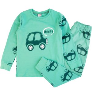 zielona piżamka piżama dziecięca w autka beep dla chłopca w pojazdy bawełniana długi rękaw