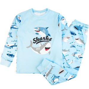 niebieska piżamka piżama dziecięca w rekiny sharks dla chłopca bawełniana długi rękaw