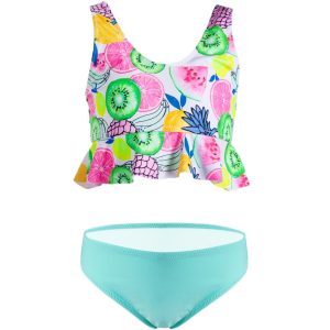 kostium strój kąpielowy dla dziewczynki stanik w formie topu z falbaną u dołu ze wzorem owoców majtki jednokolorowe miętowe na plaże na basen wygodne ciuchciuch