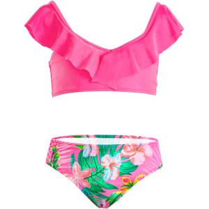 różowy kostium strój kąpielowy dwuczęściowy dla dziewczynki bikini dziewczęce w kwiaty stanik z falbanką majtki z nadrukiem tropikalne kwiaty ciuchciuch na basen na plaże